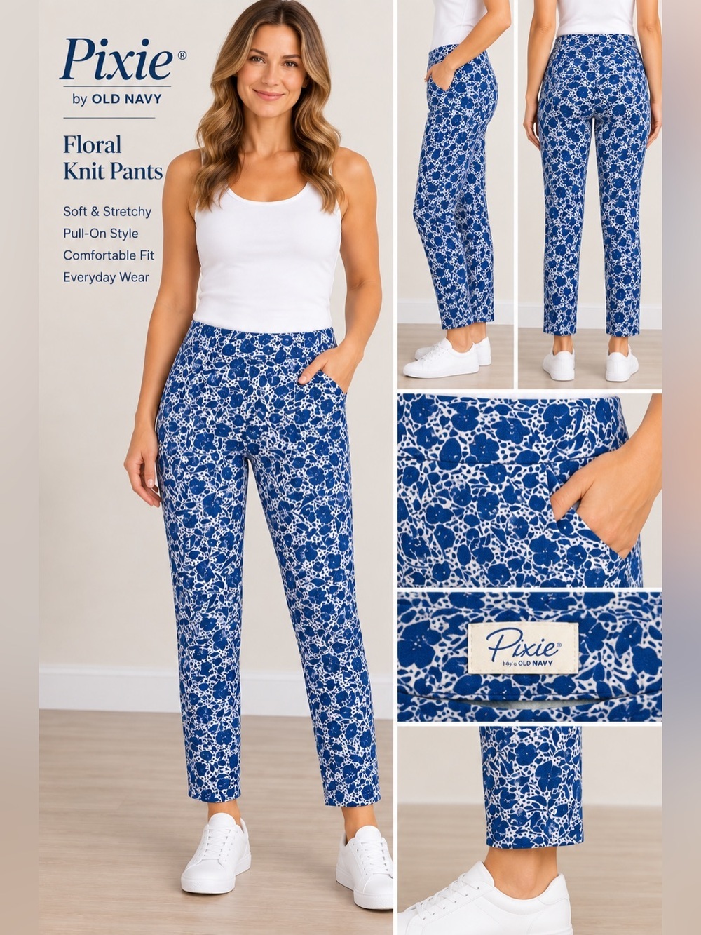 Old Navy Blue and White Floral Knit Pants 8